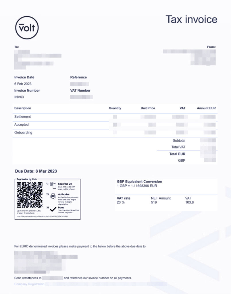 Volt invoice example with Pay by Link QR code